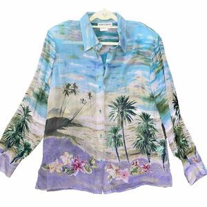 Tropical Silk Blouse Women's Size Large Wearable Art Beaded‎ Paradise Vacation